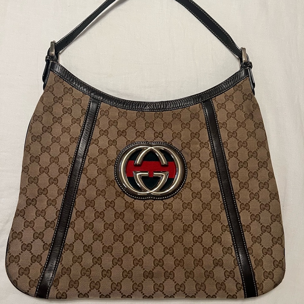 Authentic Gucci GG Canvas Large Hobo Shoulder Handbag